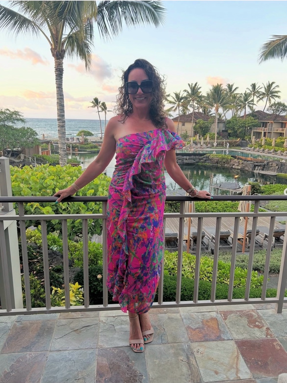 Skies Are Blue One-Shoulder Floral Midi Dress in Pink and Purple